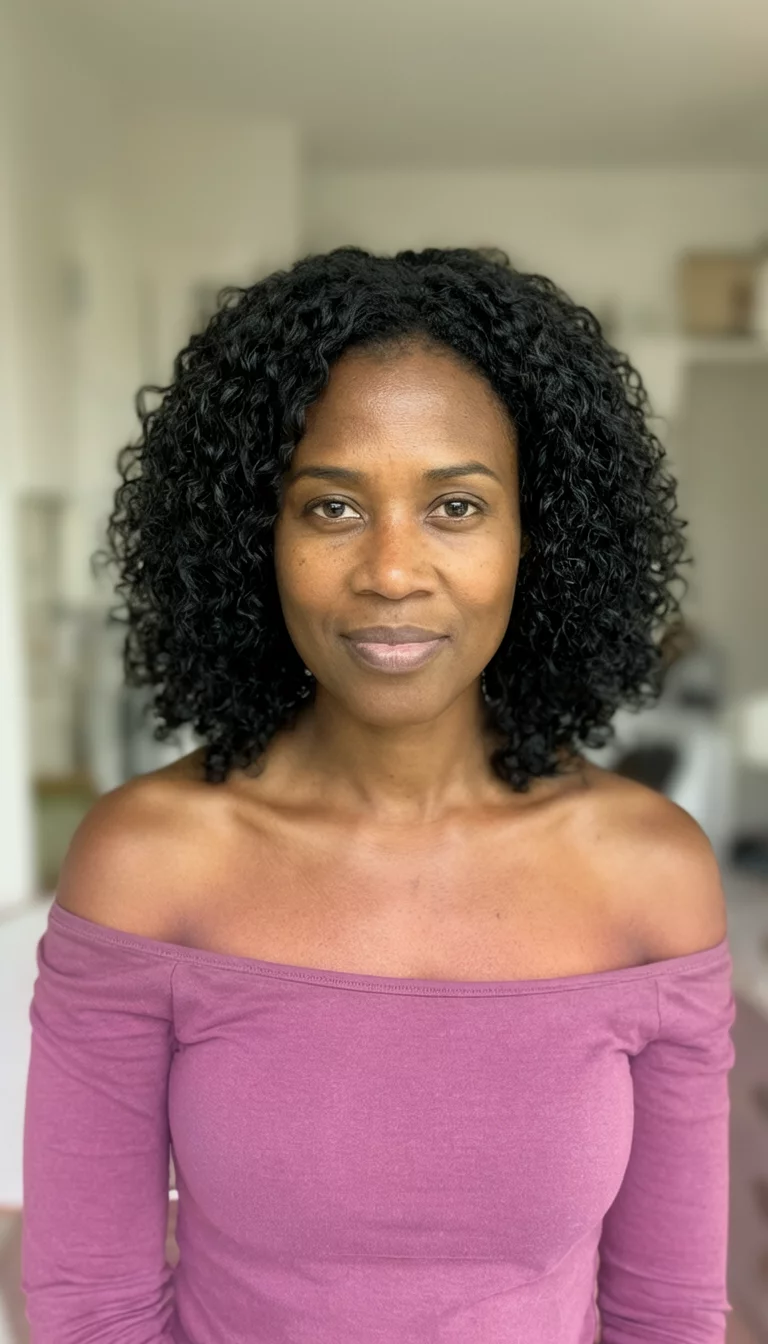 Mauve Moods And Mid Length Curls selfie of a 33-year-old black woman wearing a mauve off-the-shoulder top with a textured mid-length black curly hairstyle, front view, soft focused interior background