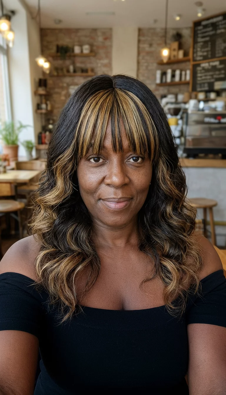 Honey Blonde Transitions selfie of a 42-year-old black woman wearing a black off-the-shoulder top with dark wavy hair featuring honey-blonde highlights and curtain bangs hairstyle, front view, cozy cafe interior background