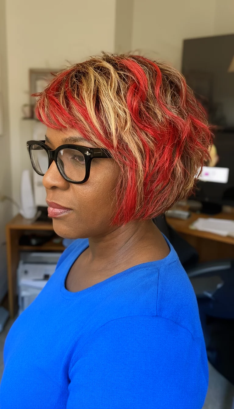 Tapered Bob With Sunset Highlights casual photo of a 41-year-old black woman wearing a blue top and large black-framed glasses with a short tousled bob featuring vibrant red and blonde highlights hairstyle, side view, indoor home office background