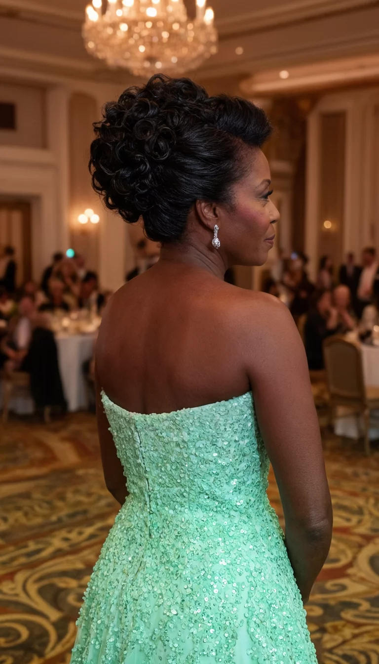 The Sequin Profile Updo casual photo of a 48-year-old black woman wearing a strapless sequined mint green gown with a high intricate dark hair updo hairstyle, side profile view, upscale ballroom background