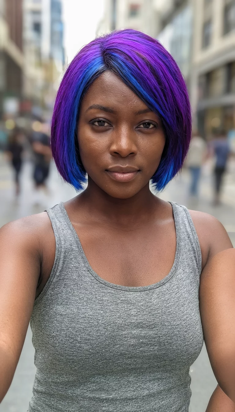 Chic Purple And Blue Bob selfie of a 29-year-old black woman wearing a grey tank top with a short bob featuring vibrant purple and blue highlights hairstyle, front view, blurred urban background