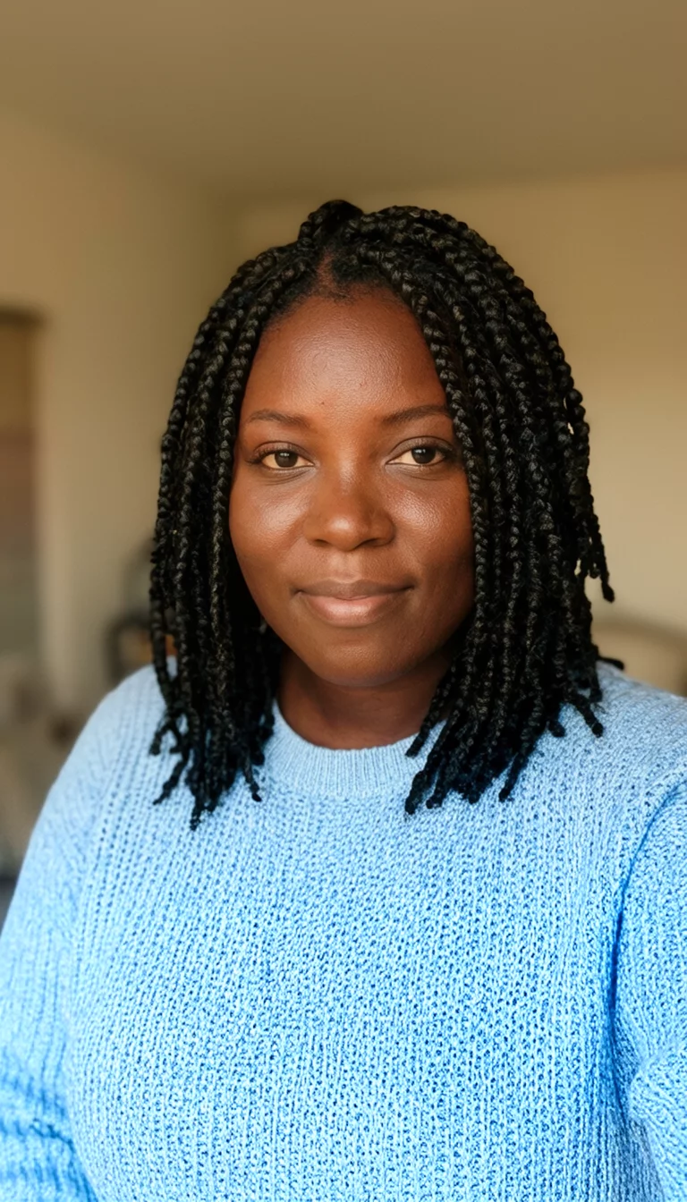 Smiles And Shoulder Length Box Braids selfie of a 31-year-old black woman wearing a light blue textured knit top with medium-length black box braids hairstyle, front view, soft indoor lighting background