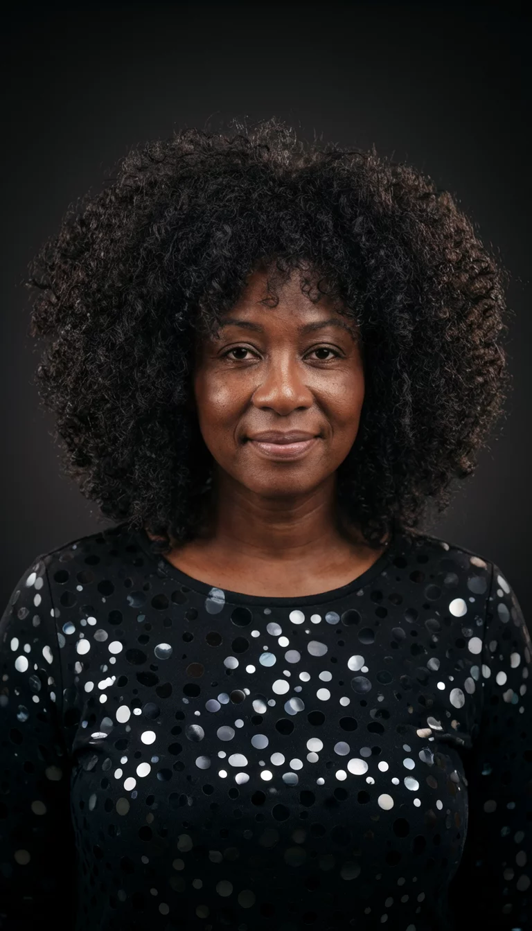 Reflective Polka Dots And Natural Curls casual photo of a 37-year-old black woman wearing a black top with reflective polka dots with voluminous dark naturally curly hair hairstyle, front view, dark studio background with bokeh