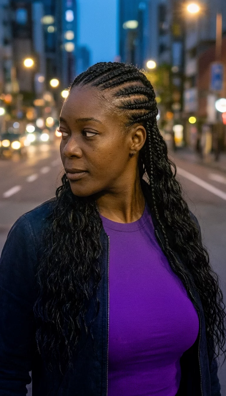 Wavy Braid Transformation casual photo of a 34-year-old black woman wearing a purple top and dark jacket with frontal cornrows transitioning into long wavy black braids hairstyle, side view, evening city street background