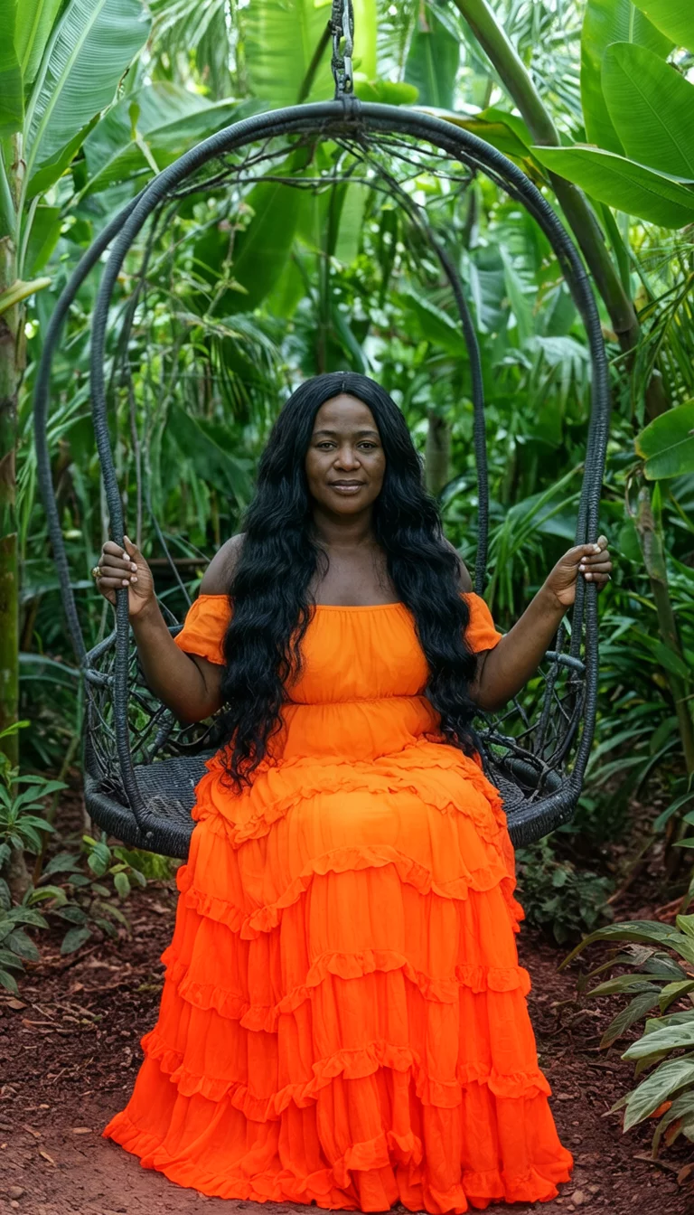 Botanical Goddess Long Waves casual photo of a 38-year-old black woman wearing an orange ruffled maxi dress with long flowing black waves hairstyle, front view, lush green tropical garden background on a circular swing