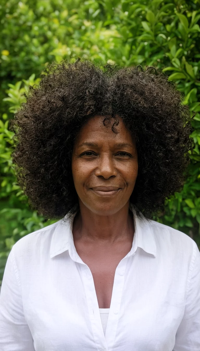 The Unapologetic Natural Afro casual photo of a 45-year-old black woman wearing a white open shirt with a voluminous dark curly afro hairstyle, front view, green garden background