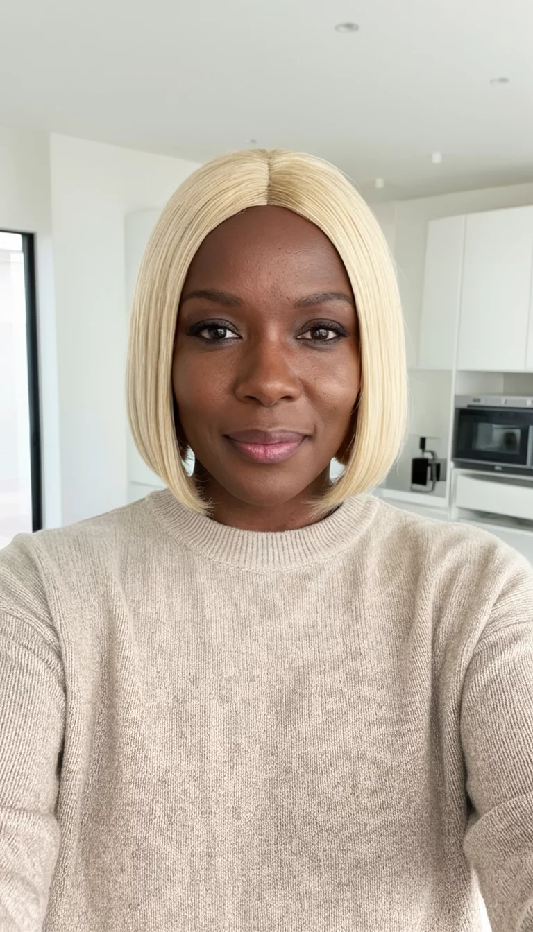 The Ultimate Blonde Spectrum selfie of a 35-year-old black woman wearing a neutral sweater with a sleek blonde bob hairstyle, front view, bright modern interior background