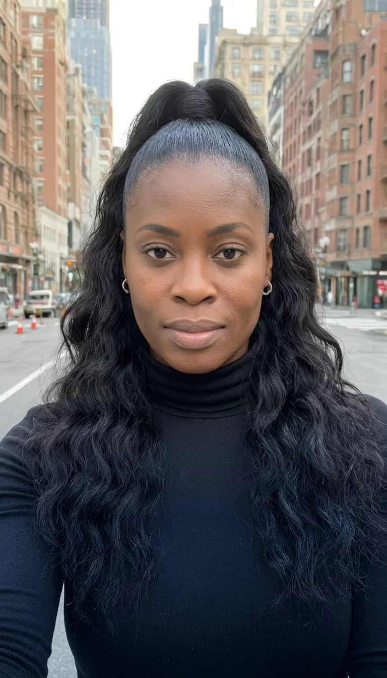 Sleek High Pony Variations selfie of a 30-year-old black woman wearing a black turtleneck with a long wavy black hair in a high ponytail hairstyle, front view, urban city background