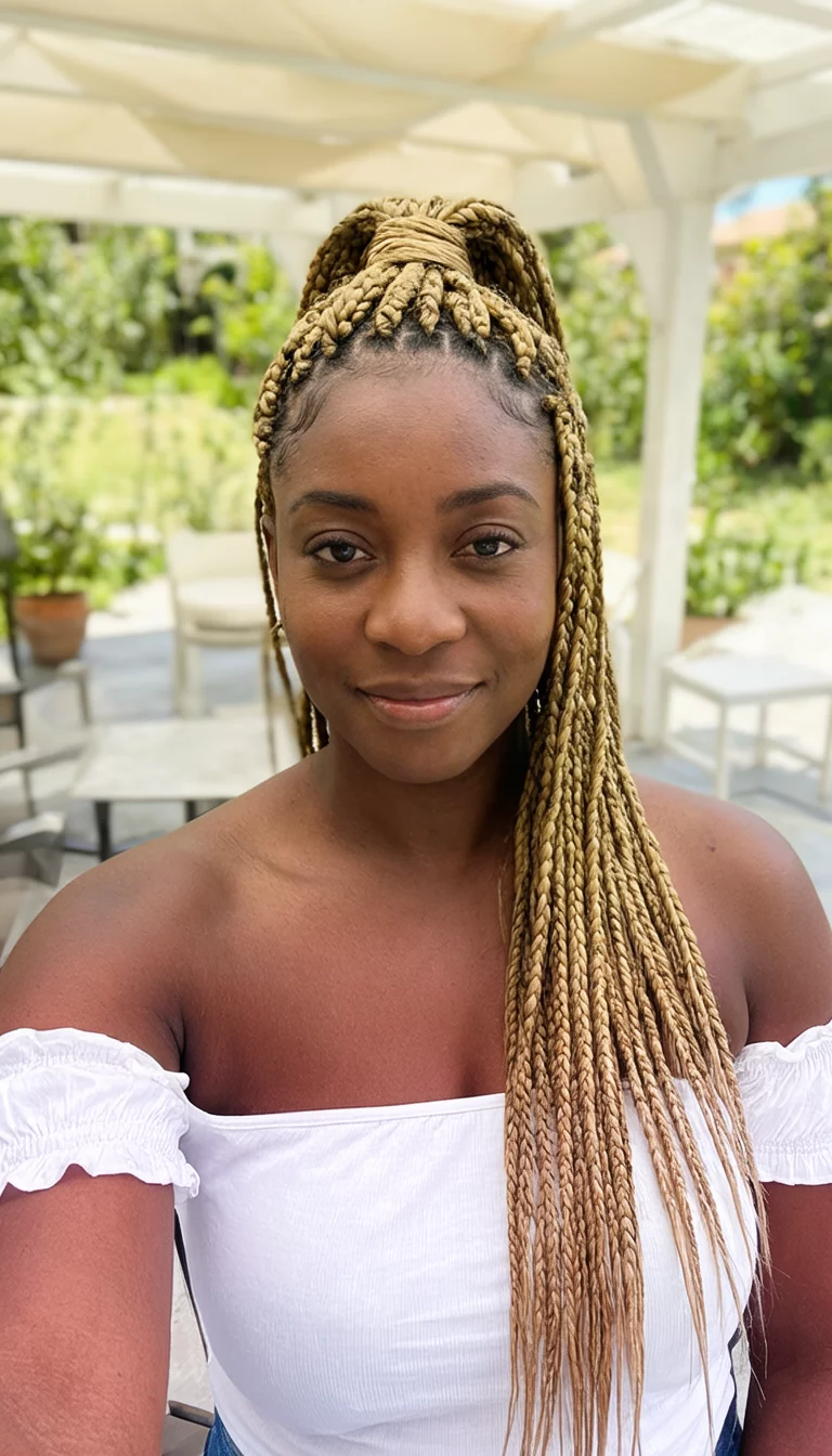 Golden Cornrow Fusion selfie of a 33-year-old black woman wearing a white off-the-shoulder top with blonde cornrows at the top flowing into long braids hairstyle, front view, bright outdoor patio background