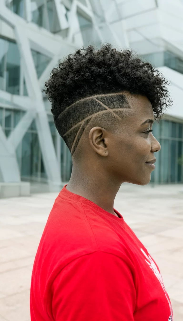 Geometric Undercut With Curls casual photo of a 28-year-old black woman wearing a red shirt with a short curly top and a sharp undercut with geometric lines hairstyle, side view, modern architectural background