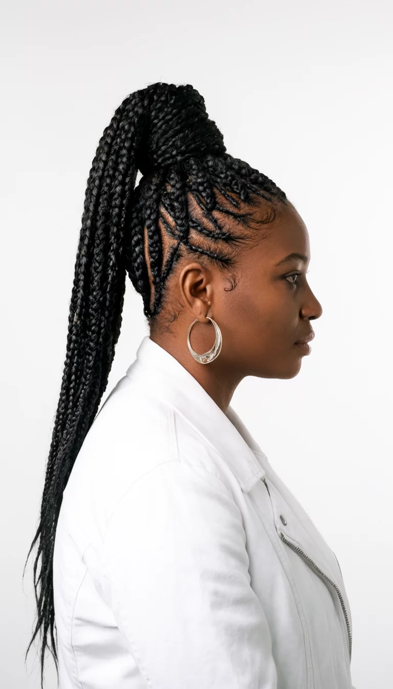 Intricate High Braid Ponytail casual photo of a 35-year-old black woman wearing a white jacket and large hoop earrings with intricate cornrows leading into a high ponytail of thick black braids hairstyle, side view, bright studio background