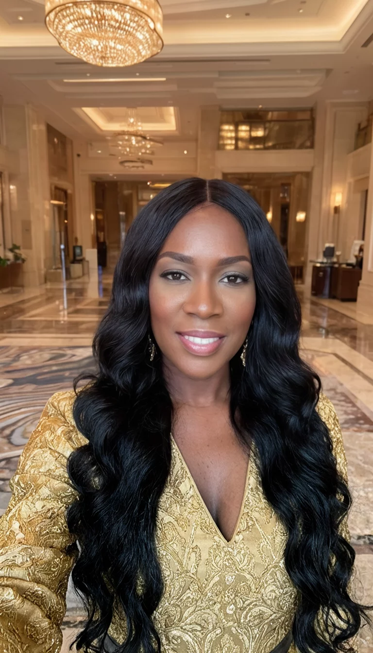 The Power Montage Of Volume selfie of a 39-year-old black woman wearing a gold blouse with long voluminous black waves hairstyle, front view, luxury hotel lobby background