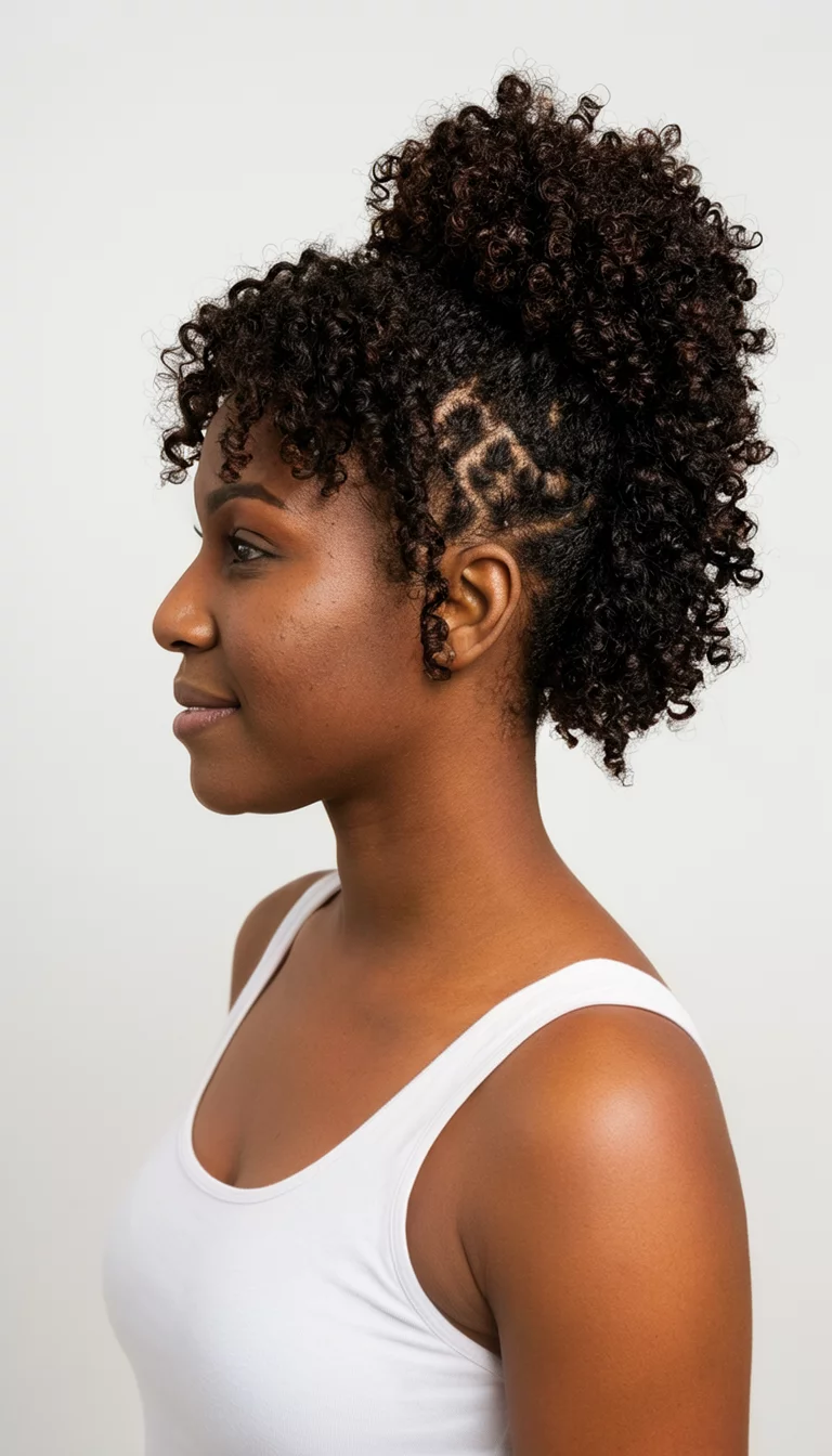Sculpted Natural Voluminous Updo casual photo of a 29-year-old black woman wearing a white tank top with a voluminous updo featuring dark natural curls and defined coils hairstyle, side view, plain studio background
