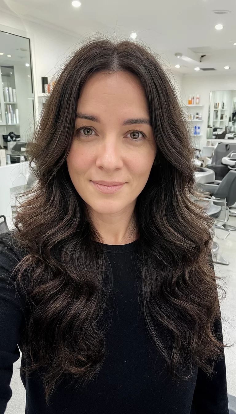 selfie of a 36-year-old woman wearing a black top with a long, voluminous, dark brown, wavy hair and face-framing layers hairstyle, front view, salon setting background