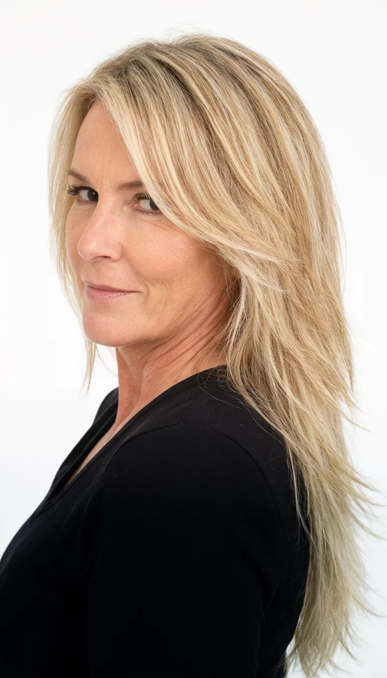 selfie of a 40-year-old woman wearing a black top with a long, layered, blonde hair with subtle face-framing pieces hairstyle, side view, bright studio background