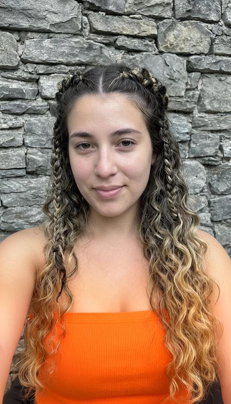 selfie of a 27-year-old woman wearing an orange tube top with a long, braided hair with curly extensions and blonde highlights hairstyle, front view, stone wall background