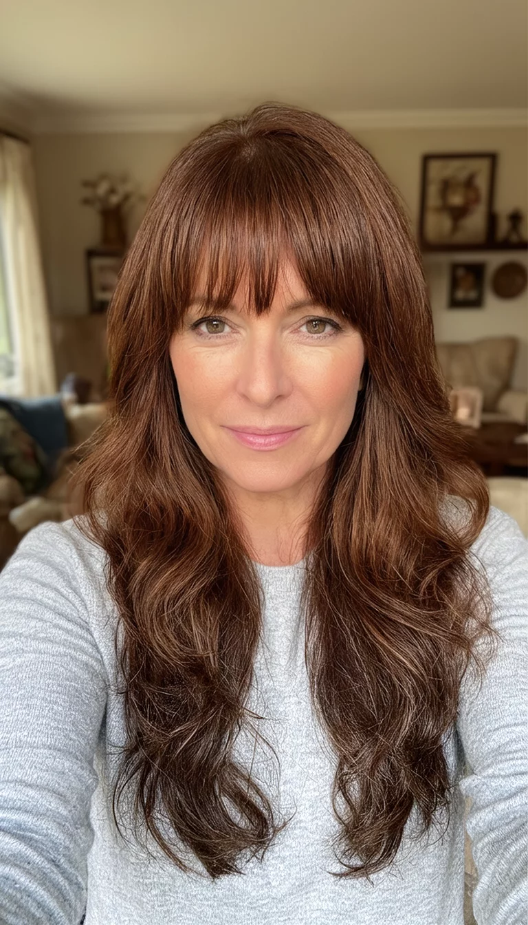 selfie of a 42-year-old woman wearing a light grey top with a long, voluminous, chestnut brown hair featuring layers and face-framing bangs hairstyle, front view, cozy living room background