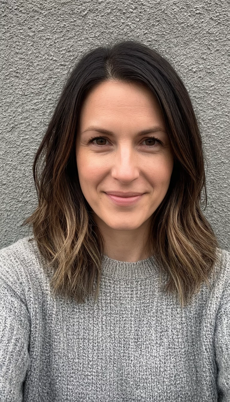 selfie of a 32-year-old woman wearing a casual sweater with a shoulder-length, layered, dark brown hair with lighter brown balayage hairstyle, front view, textured gray background