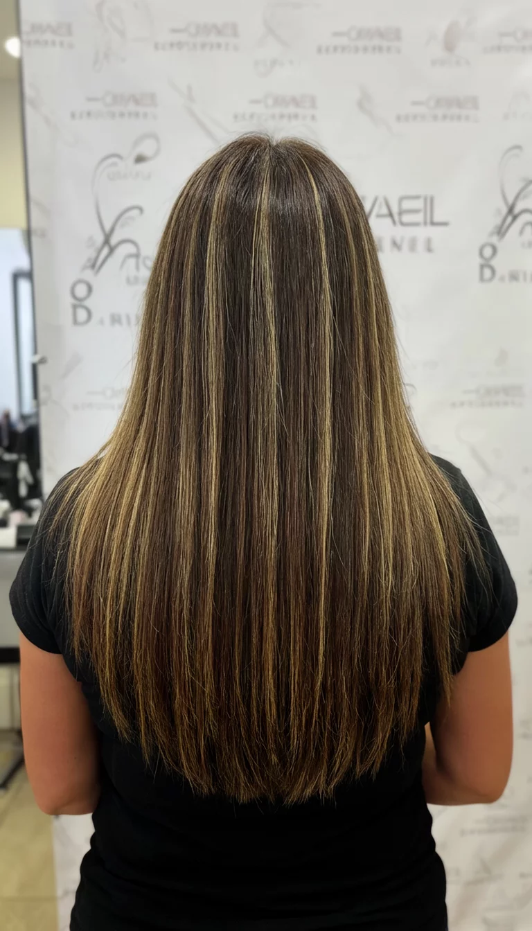 casual photo of a 41-year-old woman wearing a black top with a long, straight, layered brown hair featuring blonde highlights hairstyle, back view, salon backdrop background