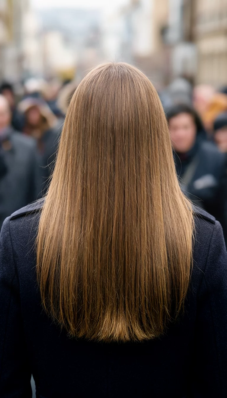 casual photo of a 33-year-old woman wearing a dark coat with a long, straight, glossy, light brown hair hairstyle, back view, blurred crowd background