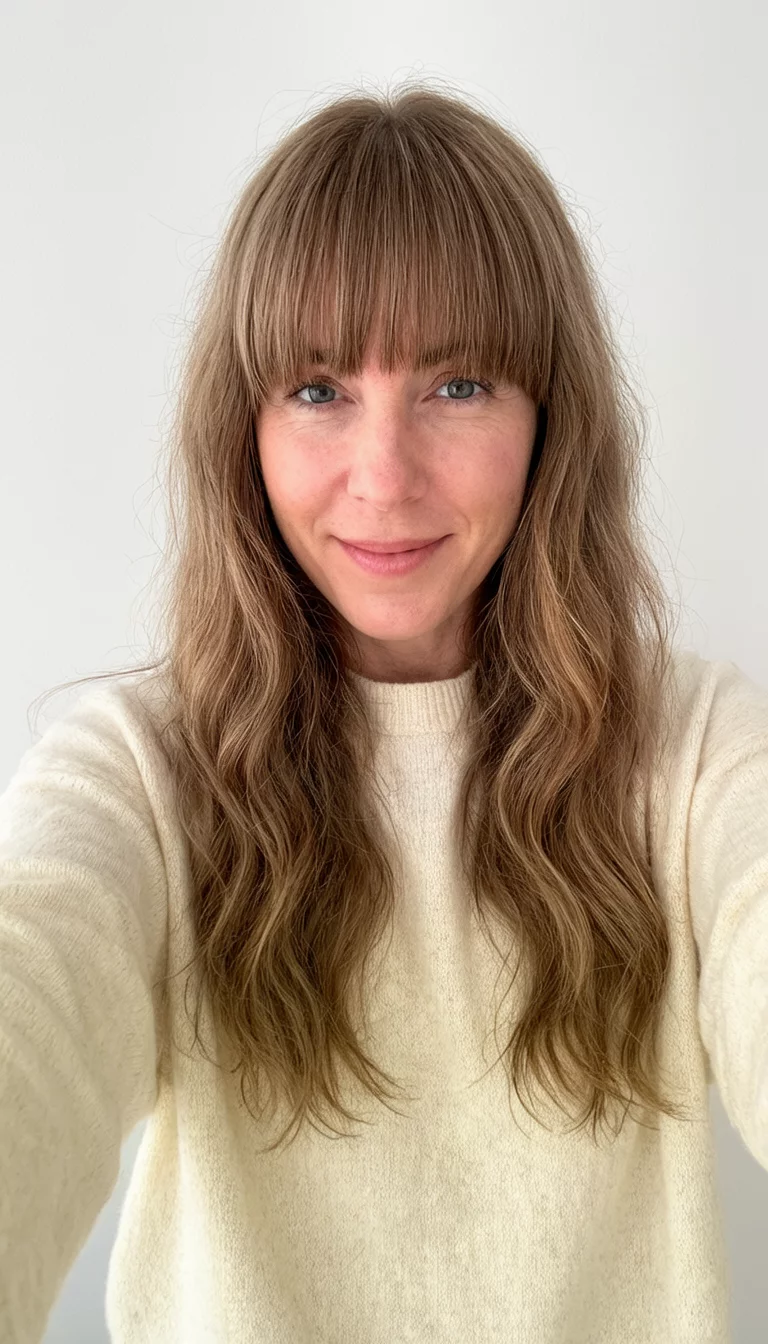 selfie of a 30-year-old woman wearing a light cream sweater with a long, wavy, light brown hair and full bangs hairstyle, front view, clean minimalist background