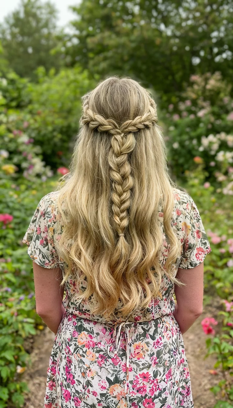 casual photo of a 29-year-old woman wearing a floral dress with a long blonde hair styled in a braided crown and loose waves hairstyle, back view, garden setting background