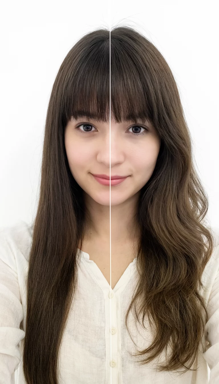 selfie of a 33-year-old woman wearing a simple blouse with a split image showing very long smooth hair and medium layered hair with bangs hairstyle, front view, white background