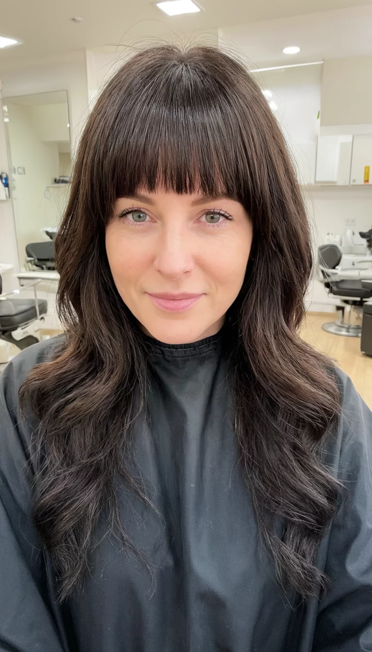 selfie of a 32-year-old woman wearing a salon cape with a long, dark brown hair styled in layers with bangs hairstyle, front view, salon background