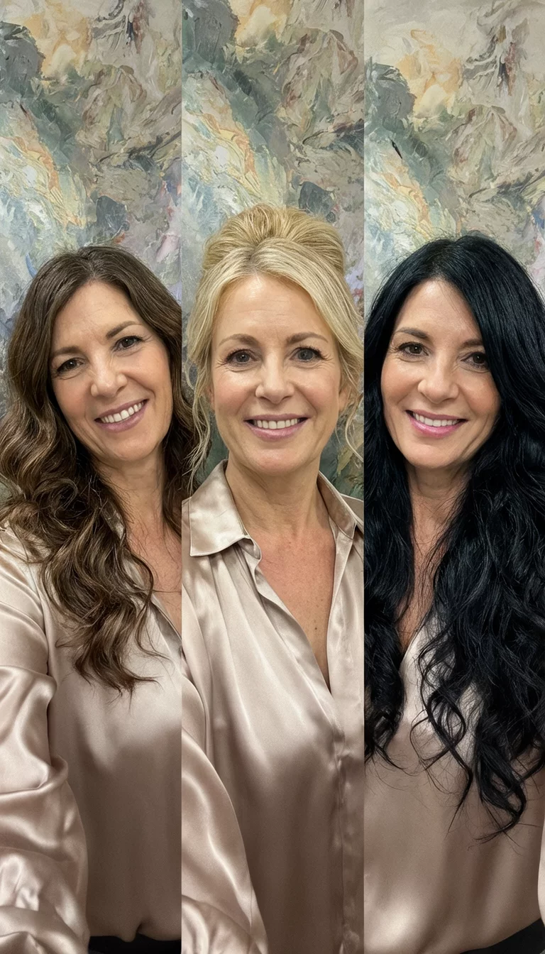 selfie of a 39-year-old woman wearing a silk blouse with a triptych of three styles: wavy brown, blonde updo, and long black waves hairstyle, front view, artistic background