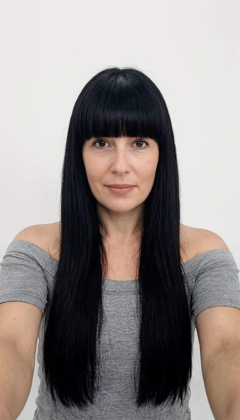 selfie of a 30-year-old woman wearing an off-the-shoulder grey top with a long, straight, jet-black hair with a blunt fringe hairstyle, front view, minimalist studio background