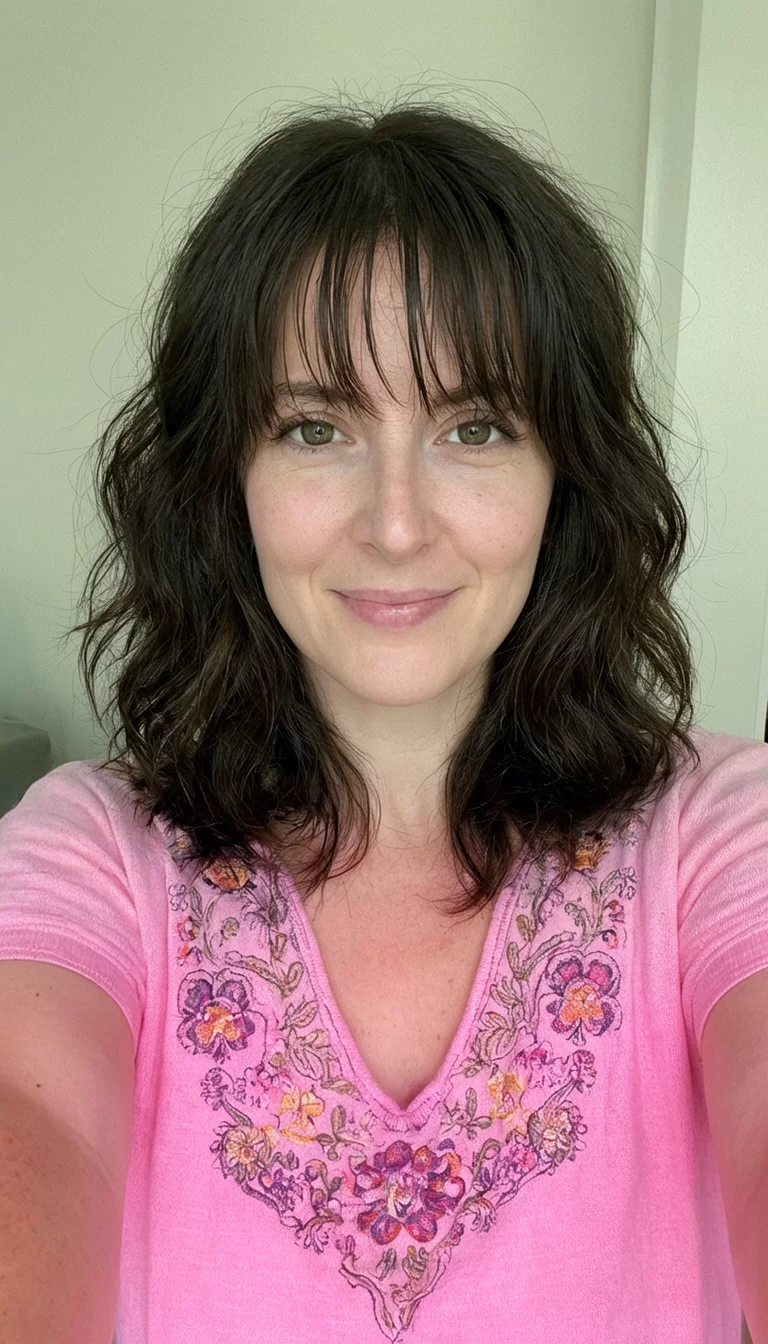selfie of a 28-year-old woman wearing a pink top with floral embroidery with a layered, dark brown, wavy hair and wispy bangs hairstyle, front view, simple indoor background
