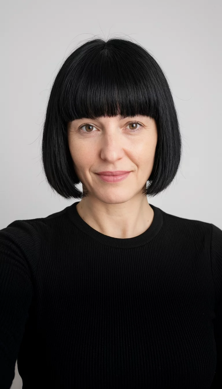 Blunt Bangs And Precision selfie of a 35-year-old woman wearing a black ribbed top with a precise black bob haircut and blunt bangs hairstyle, front view, studio background