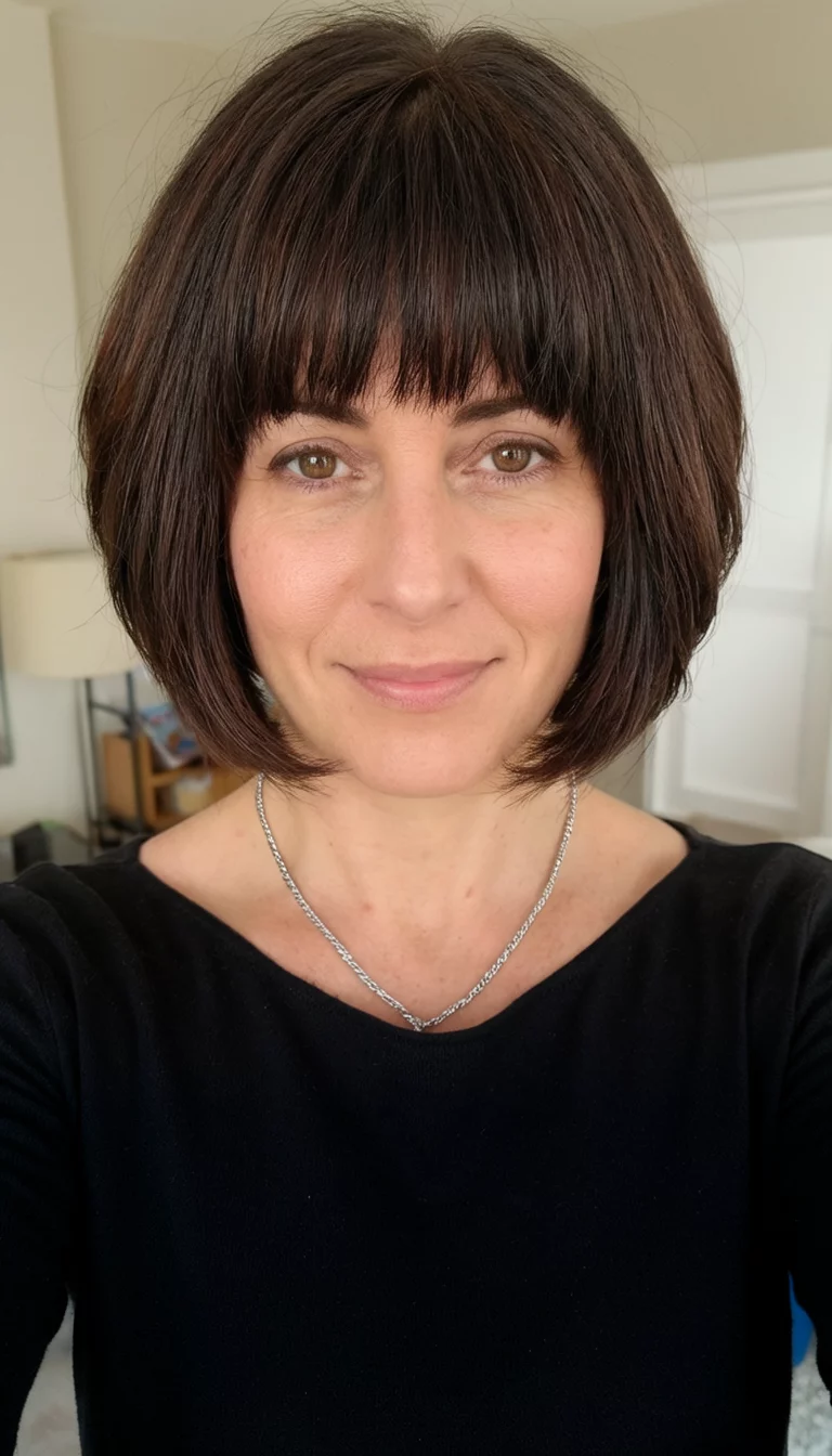 Silver Necklace Layers selfie of a 33-year-old woman wearing a black top and silver necklace with a dark brown, layered bob and bangs hairstyle, front view, indoor setting