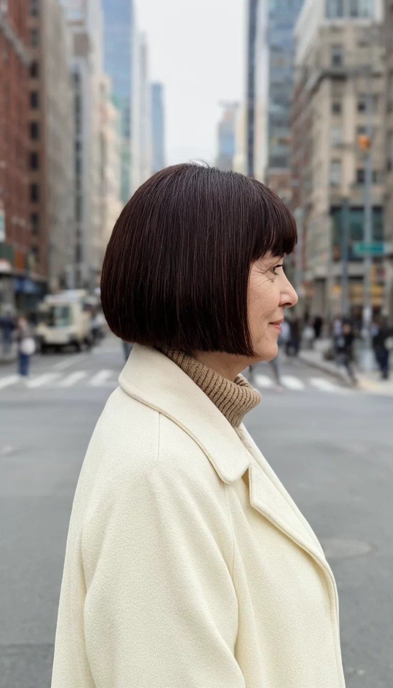 Cream Coat Straight Bob casual photo of a 47-year-old woman wearing a cream-colored coat and a beige sweater with a perfectly straight, dark brown bob hairstyle, side view, city street background