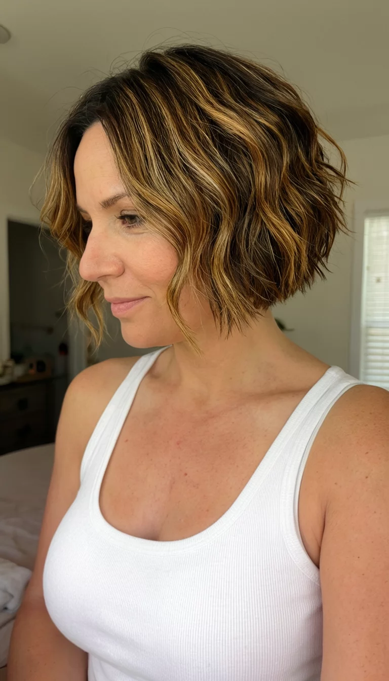 Caramel Wavy Bob casual photo of a 38-year-old woman wearing a white tank top with a short, wavy bob haircut with caramel highlights hairstyle, side view, indoors
