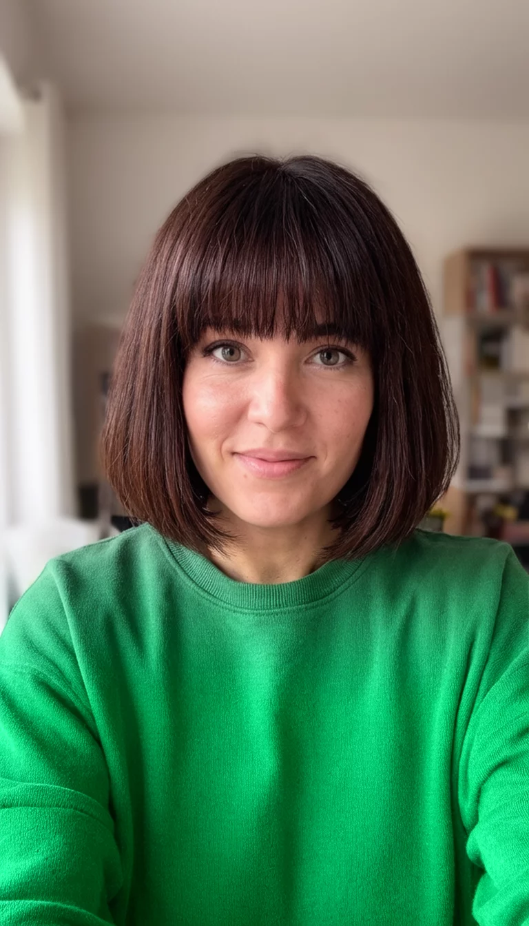 Deep Green Layered Bob selfie of a 30-year-old woman wearing a green sweatshirt with a dark brown, layered bob and bangs hairstyle, front view, casual indoor setting