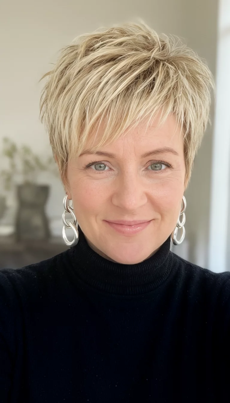Choppy Pixie With Statement Earrings selfie of a 34-year-old woman wearing a black turtleneck and large silver earrings with a blonde, choppy pixie cut hairstyle, front view, looking forward with a smile