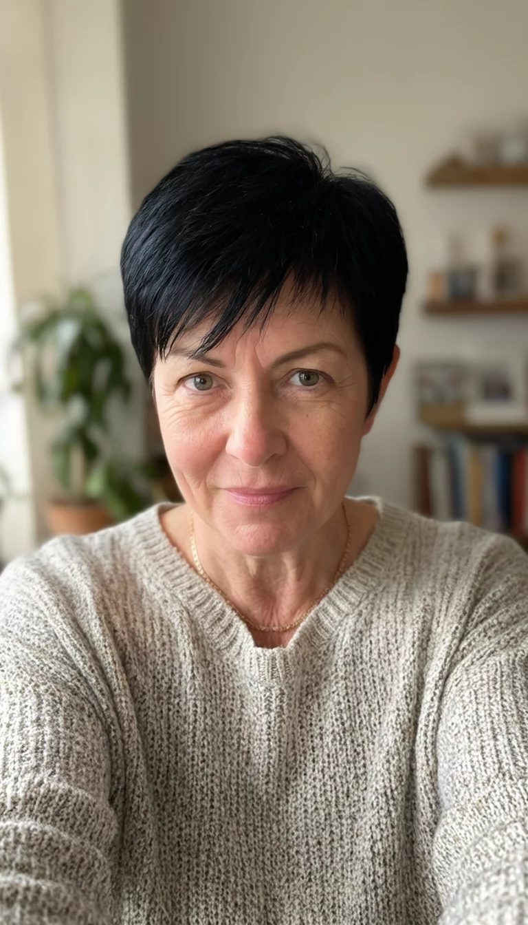 The Trio Of Texture selfie of a 45-year-old woman wearing a casual sweater with a short black pixie cut hairstyle, front view, indoor setting