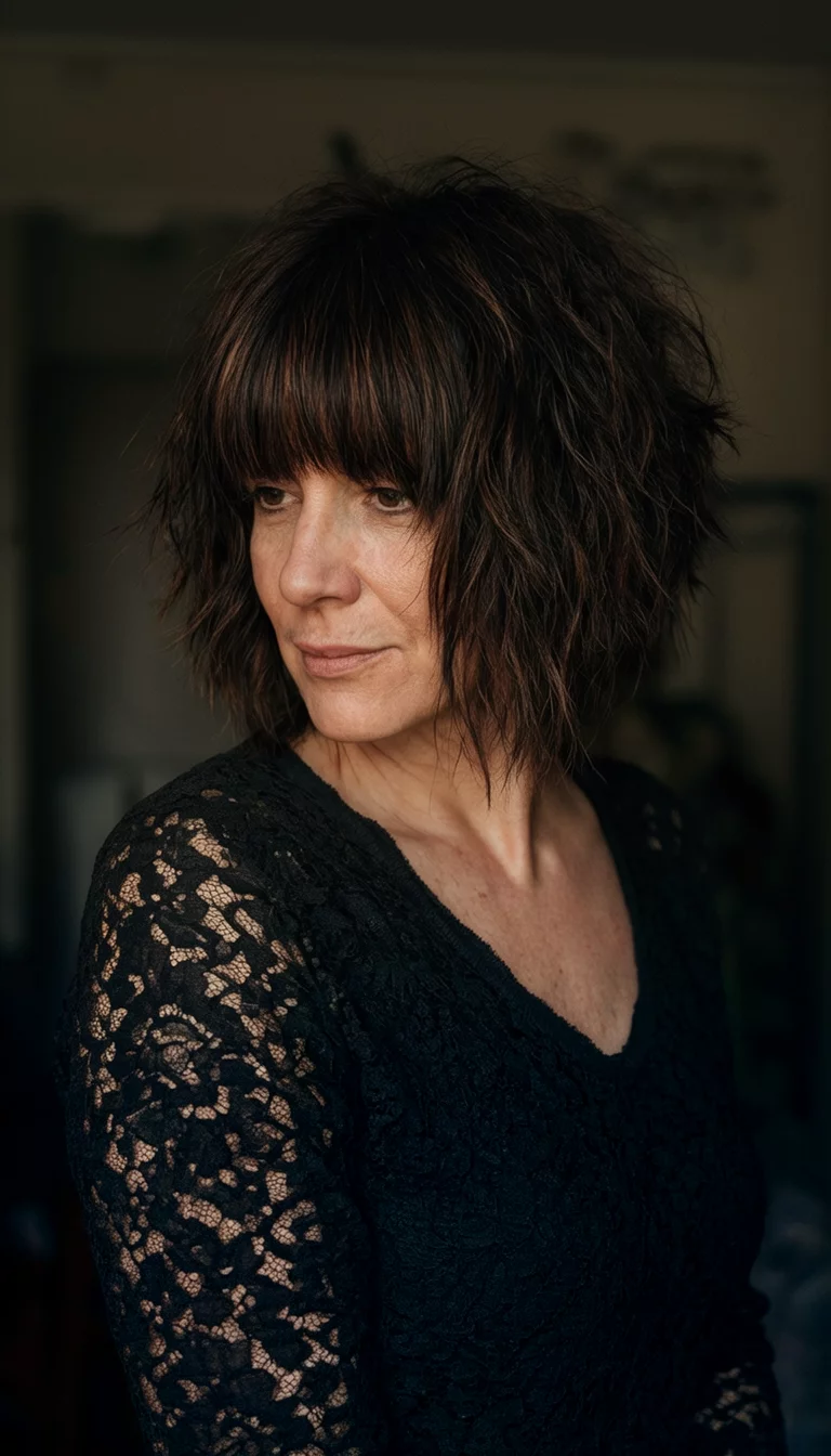 Lace And Shag casual photo of a 40-year-old woman wearing a black lace top with a shaggy, layered dark brown haircut with bangs hairstyle, side view, moody indoor lighting