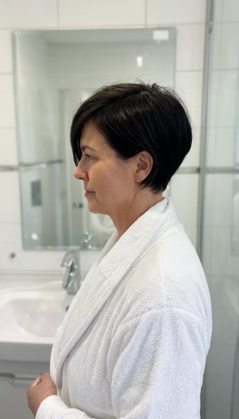 The Side Swept Robe Look casual photo of a 42-year-old woman wearing a white robe with a short, dark hair styled with a side sweep hairstyle, side view, bathroom setting