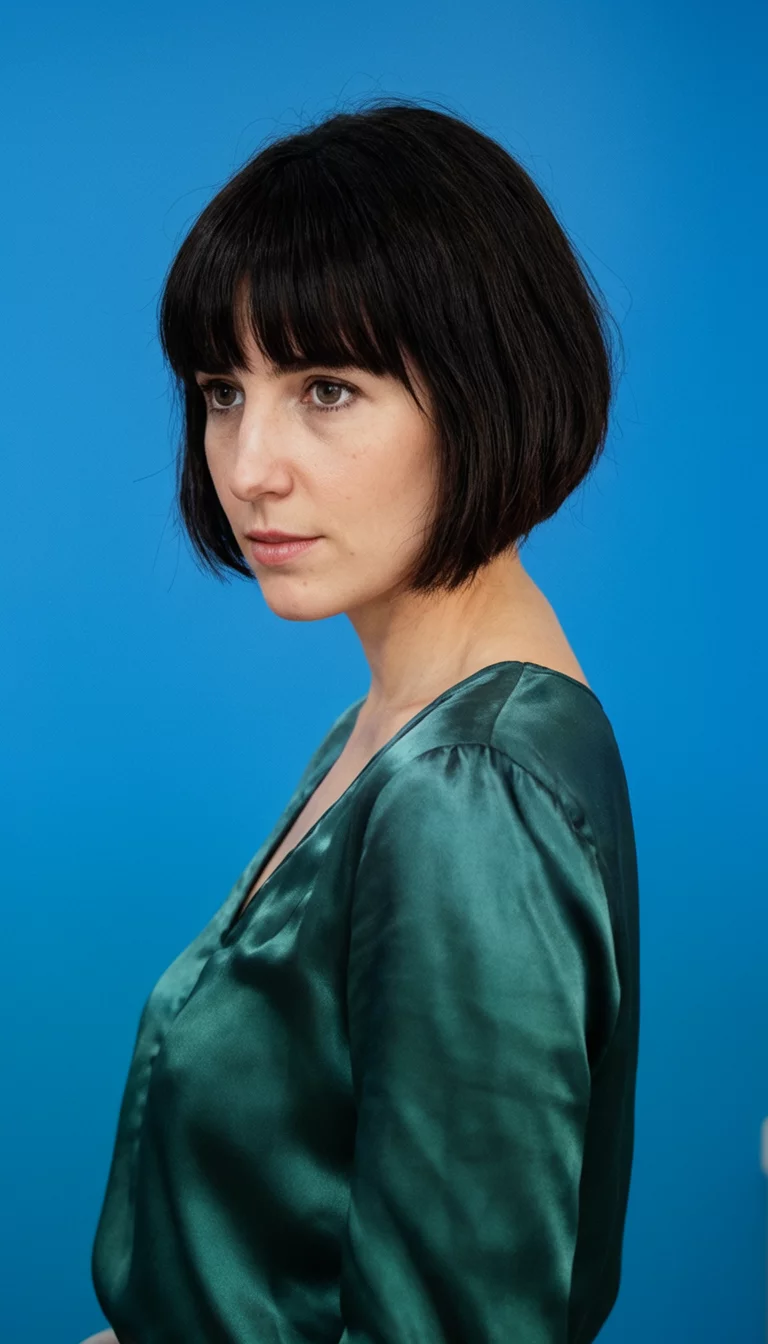 casual photo of a 29-year-old woman wearing a satin top with a blue background with a dark, short hair and bangs hairstyle, side view, indoor setting