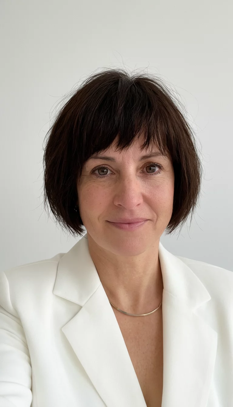 The Choppy Brown Bob selfie of a 37-year-old woman wearing a white jacket and a simple necklace with a dark brown, choppy bob hairstyle, front view, minimalist background