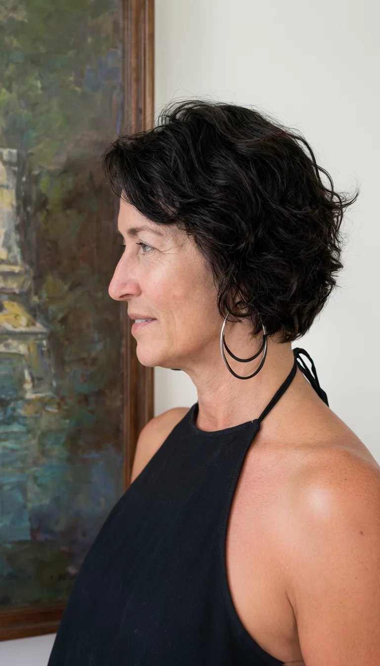 Hoops And Halter Waves casual photo of a 48-year-old woman wearing a black halter top and large hoop earrings with a short, dark, wavy hairstyle, side view, next to a painting