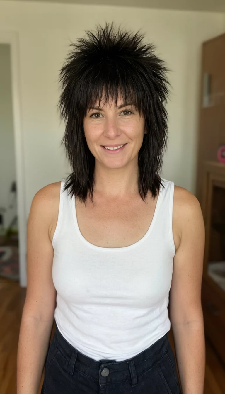 Shaggy Mullet Revival selfie of a 31-year-old woman wearing a white tank top and dark pants with a dark, shaggy mullet hairstyle, front view, indoor setting