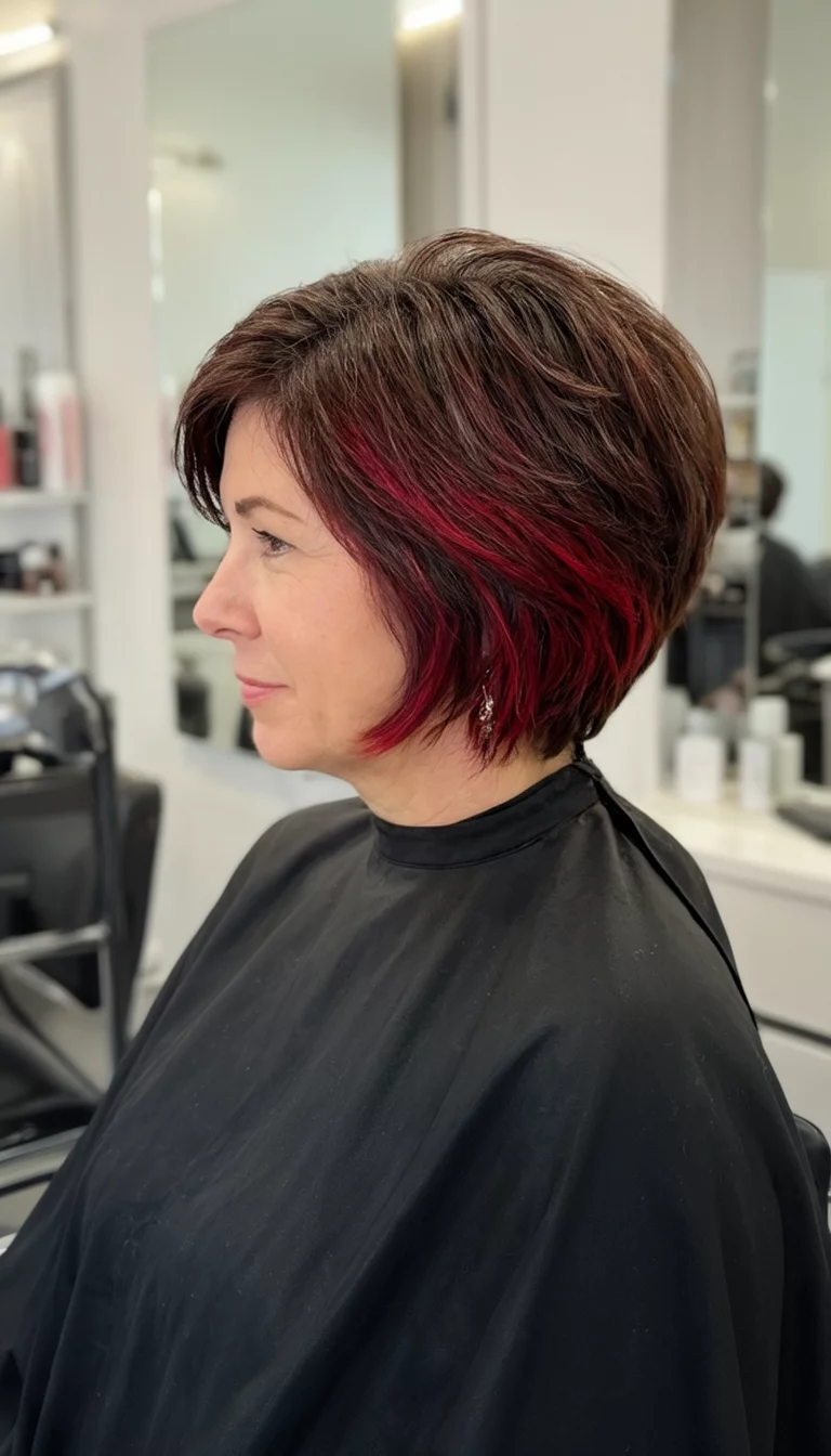 Layered Mahogany Highlights casual photo of a 41-year-old woman wearing a black cape with a short, layered haircut with dark brown and red highlights hairstyle, side view, salon setting