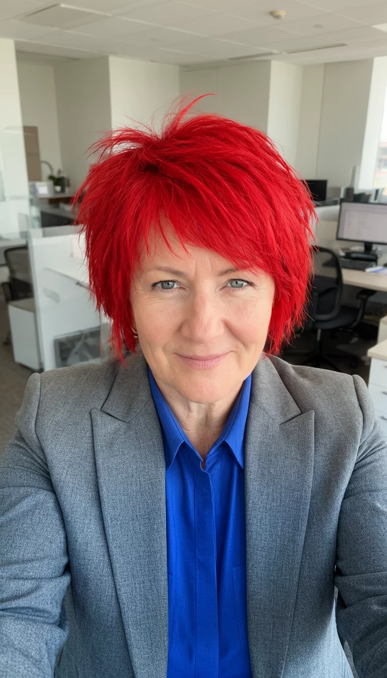 Fire Red Corporate Edge selfie of a 44-year-old woman wearing a grey suit jacket over a blue shirt with a bright red, choppy short hair hairstyle, front view, office background
