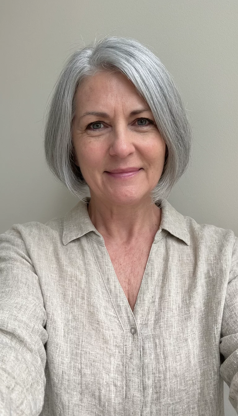 The Four Way Split selfie of a 49-year-old woman wearing a neutral linen shirt with a short silver bob hairstyle, front view, neutral background