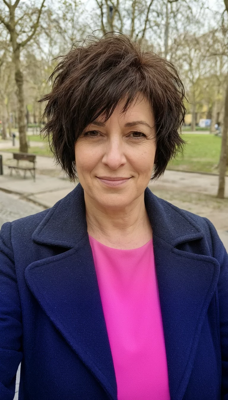 Navy Coat Pink Contrast selfie of a 43-year-old woman wearing a pink top and navy blue coat with a choppy dark brown pixie cut hairstyle, front view, outdoor setting