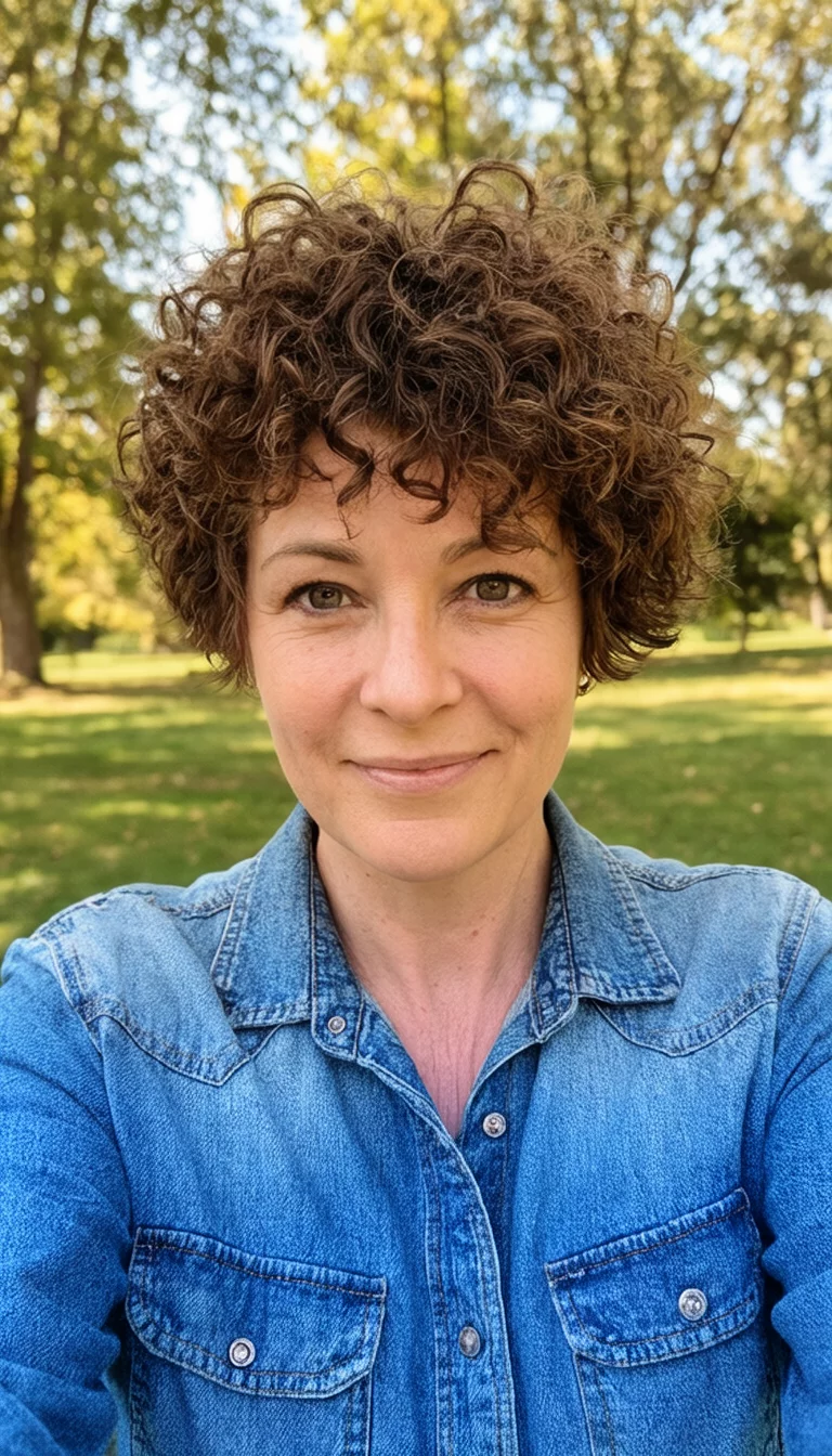 The Short Hair Collage selfie of a 39-year-old woman wearing a casual denim shirt with a curly pixie hairstyle, front view, outdoor setting