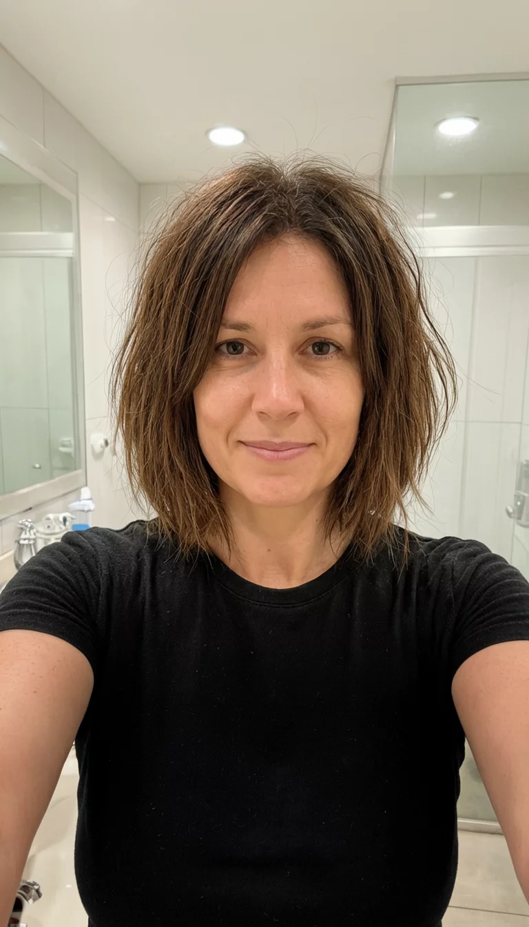 The Messy Mirror Bob selfie of a 30-year-old woman wearing a black top with a medium-length brown, slightly messy bob hairstyle, front view, bathroom background